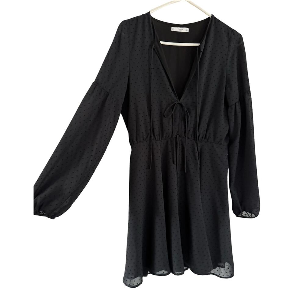 MNG Swiss dot black dress long sleeve shirt flutter wedding guest us 4 small
